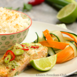 Thai Green Salmon with Coconut Rice and Pickled Veggie Ribbons