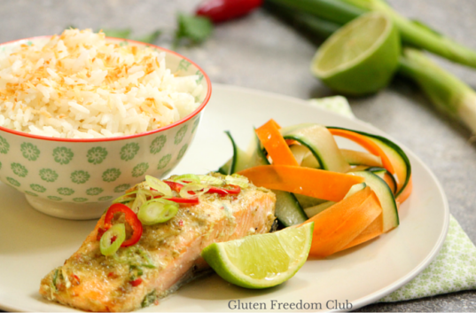 Thai Green Salmon with Coconut Rice and Pickled Veggie Ribbons
